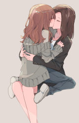 Rule 34 | 2girls, blush, brown background, brown hair, buttons, closed eyes, denim, hug, jacket, jeans, kiss, long sleeves, multiple girls, open clothes, open jacket, original, pants, shoes, sitting, sitting on lap, sitting on person, sou (tuhut), yuri