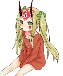 Rule 34 | 1girl, blonde hair, breasts, chocolate, clothes writing, colored skin, earrings, fangs, fate/grand order, fate (series), fingernails, food, green scrunchie, highres, horns, ibaraki douji (fate), japanese clothes, jewelry, oni, oni horns, pocky, pointy ears, red skin, scrunchie, sharp fingernails, sharp teeth, simple background, sitting, solo, tattoo, teeth, twintails, user grnc4875, white background, yellow eyes