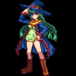 Rule 34 | 1girl, adjusting clothes, adjusting headwear, alice soft, blue coat, blue hat, boots, brown footwear, coat, cross-laced footwear, dress, facing viewer, full body, green dress, green hair, hand on own hip, hat, lace-up boots, long hair, looking at viewer, lowres, masou shizuka, microdress, niino, pixel art, rance (series), rance vi, revealing clothes, simple background, solo, standing, transparent background, witch hat