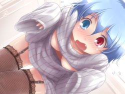 Rule 34 | 1girl, :o, alternate costume, areola slip, bent over, black thighhighs, blue eyes, blue hair, blush, breasts, buckle, cleavage cutout, clothing cutout, collarbone, cowboy shot, door, downblouse, dress, dutch angle, embarrassed, extended downblouse, fishnet thighhighs, fishnets, flying sweatdrops, futatsuki hisame, garter straps, hanging breasts, heterochromia, indoors, lace, lace-trimmed legwear, lace trim, long sleeves, looking at viewer, matching hair/eyes, medium breasts, meme attire, naked sweater, no bra, nose blush, open-chest sweater, open mouth, oversized clothes, patterned legwear, red eyes, ribbed sweater, short hair, sleeves past wrists, solo, sweater, sweater dress, tatara kogasa, thigh gap, thighhighs, touhou, turtleneck, zettai ryouiki