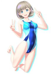 Rule 34 | 1girl, absurdres, barefoot, blue eyes, blue one-piece swimsuit, breasts, collarbone, competition swimsuit, covered navel, double v, full body, grey hair, highres, jumping, looking at viewer, love live!, love live! superstar!!, medium breasts, one-piece swimsuit, open mouth, parted bangs, round teeth, short hair, simple background, solo, swimsuit, takafumi, tang keke, teeth, upper teeth only, v, white background