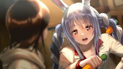 Rule 34 | 2girls, alternate costume, animal ear fluff, animal ears, blue hair, blurry, blurry background, blurry foreground, blush, braid, brown hair, carrot, carrot hair ornament, character request, collarbone, commentary request, cosplay, facing away, food, food-themed hair ornament, hair ornament, highres, hikosan, holding, holding food, holding vegetable, hololive, indoors, jacket, kiryu kazuma (cosplay), kiryu kazuma, long hair, looking at another, medium hair, multicolored hair, multiple girls, open mouth, orange eyes, rabbit ears, rabbit girl, ryuu ga gotoku (series), ryuu ga gotoku 1, ryuu ga gotoku kiwami, sawamura haruka, sidelocks, silver hair, thick eyebrows, twin braids, twintails, two-tone hair, upper body, usada pekora, vegetable, virtual youtuber, white jacket