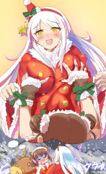 Rule 34 | 10s, 2girls, blitzen, blush, blush stickers, grabbing another&#039;s breast, breasts squeezed together, breasts, brown hair, double bun, dreaming, drooling, eve santaclaus, closed eyes, fingerless gloves, gloves, grabbing, highres, idolmaster, idolmaster cinderella girls, long hair, mockmock, multiple girls, munakata atsumi, open mouth, reindeer, santa costume, smile, snow, star (symbol), translation request, white hair, yellow eyes, yuri