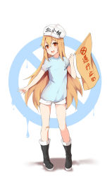 Rule 34 | 10s, 1girl, black footwear, blue shirt, boots, character name, clothes writing, commentary request, flag, flat cap, full body, hat, hataraku saibou, highres, holding, holding flag, light brown hair, long hair, meng ge 3 (565571710), no entry sign, open mouth, platelet (hataraku saibou), red eyes, road sign, round teeth, shadow, shirt, short shorts, short sleeves, shorts, sign, solo, standing, teeth, upper teeth only, very long hair, white background, white hat, white shorts