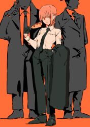 Rule 34 | 1girl, 2others, absurdres, arms behind back, black coat, black footwear, black gloves, black necktie, black pants, chainsaw man, coat, unworn coat, collared shirt, commentary, dress shirt, faceless, food, formal, gloves, highres, holding, holding food, hot dog, long sleeves, looking at viewer, makima (chainsaw man), matumot, medium hair, multiple others, necktie, orange eyes, orange theme, pants, pink hair, red eyes, shirt, shirt tucked in, shoes, sidelocks, simple background, smile, solo focus, suit, talking on phone, white shirt