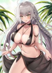 Rule 34 | 1girl, ahoge, bare shoulders, bikini, black bikini, blush, bracelet, braid, breasts, cleavage, fate/grand order, fate (series), hair between eyes, harimoji, heroic spirit festival outfit, jeanne d&#039;arc (fate), jeanne d&#039;arc alter (fate), jeanne d&#039;arc alter (festival outfit) (fate), jewelry, large breasts, long hair, looking at viewer, multiple braids, navel, necklace, official alternate costume, open mouth, sarong, silver hair, smile, solo, sunlight, swimsuit, thighs, very long hair, yellow eyes