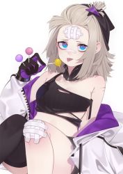 Rule 34 | 1girl, aa-12 (girls&#039; frontline), bandage on face, bandage on knee, bandages, bandaid, bandaid on face, bandaid on nose, bare shoulders, black shorts, black tank top, blue eyes, breasts, candy, commentary request, e draw paint, food, forehead, girls&#039; frontline, gloves, gradient eyes, hair ornament, jacket, licking, lollipop, looking at viewer, medium hair, multicolored eyes, off shoulder, platinum blonde hair, purple eyes, saliva, saliva trail, shirt, shorts, single-shoulder shirt, single thighhigh, sitting, small breasts, solo, star (symbol), star hair ornament, tank top, thighhighs, tongue, tongue out, torn clothes, torn tank top