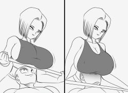 Rule 34 | 1boy, 1girl, android 18, bald, between breasts, bra, breast press, breasts, cleavage, couple, dragon ball, dragonball z, exercising, face between breasts, happy, head between breasts, highres, husband and wife, kuririn, large breasts, looking at another, muscular, muscular male, pectorals, short hair, smile, tagme, training, training bra, underwear, weightlifting
