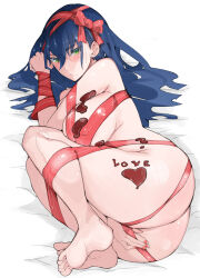 1girl ass blue_hair blush breasts butt_crack chocolate chocolate_on_body food_on_body frown full_body green_eyes hand_on_own_crotch highres large_breasts long_hair looking_at_viewer lying mole mole_on_thigh mole_under_mouth nail_polish naked_ribbon nude on_side red_nails ribbon shiny_skin solo takayama_toshinori toki-sensei_(toki-sensei_wa_kigaetai) toki-sensei_wa_kigaetai