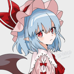 Rule 34 | 1girl, ascot, bat wings, blue hair, bow, dress, frilled shirt, frilled shirt collar, frills, from side, gotou (nekocat), hat, hat ribbon, highres, looking at viewer, mob cap, pink dress, pointy ears, red ascot, red bow, red eyes, red ribbon, remilia scarlet, ribbon, shirt, short hair, simple background, solo, touhou, upper body, vampire, white background, wings