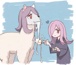 Rule 34 | 10s, 1girl, alpaca, animalization, blue background, blue robe, closed mouth, commentary request, cup, dot nose, hair over one eye, heart, little witch academia, looking at viewer, one eye covered, pink hair, purple hair, red eyes, robe, saliva, smile, standing, sucy manbavaran, teacup, umiroku, wide sleeves