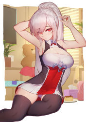 Rule 34 | 1girl, arm behind head, armpits, artificial vagina, azur lane, bare shoulders, black thighhighs, breasts, cleavage, dunkerque (azur lane), hair ornament, hair over one eye, highres, indoors, langya beike, large breasts, long hair, looking at viewer, panties, pantyshot, plant, plate, ponytail, potted plant, red eyes, sex toy, silver hair, sitting, sleeveless, solo, stuffed animal, stuffed toy, teddy bear, television, thighhighs, tissue box, underwear, very long hair, white panties, yokozuwari