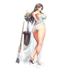 Rule 34 | 1girl, ass, back, bare shoulders, blush, breasts, constantia s2, dress, earrings, feet, flower, full body, game cg, green eyes, grin, gun, hair flower, hair ornament, hand on own hip, heel pop, high heels, highres, jewelry, kakiman, kneepits, large breasts, last origin, leotard, lever action, long hair, looking at viewer, official art, revealing clothes, rifle, see-through, sleeveless, sleeveless dress, smile, solo, tachi-e, thick thighs, thighs, transparent background, vase, weapon, wedding dress, white dress, white leotard, winchester model 1887