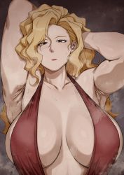Rule 34 | 1girl, absurdres, akinaiyo, armpit crease, armpit lips, armpits, arms behind head, blonde hair, breasts, brown eyes, collarbone, dress, eyeliner, golden boy, hands in hair, highres, huge breasts, makeup, mature female, muscular, muscular female, onna shachou, red dress, revealing clothes, solo, steaming body, sweat