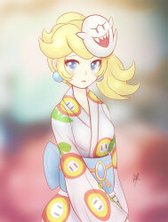 Rule 34 | 1girl, absurdres, back bow, blonde hair, blue bow, blue eyes, blue sash, blurry, blurry background, boo (mario), bow, character mask, commentary, cowboy shot, earrings, english commentary, eyelashes, fire flower, floral print, highres, japanese clothes, jewelry, kimono, light blush, long hair, long sleeves, mario (series), mask, mask on head, mixed-language commentary, nintendo, obi, official alternate costume, parted lips, ponytail, princess peach, princess peach (yukata), raydango, sash, signature, solo, spanish commentary, sphere earrings, super mario odyssey, white kimono, white mask, white sleeves