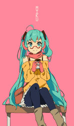 Rule 34 | 1girl, absurdres, ahoge, bad id, bad pixiv id, bench, bespectacled, character name, earmuffs, glasses, gloves, green eyes, green hair, hatsune miku, highres, long hair, matching hair/eyes, pantyhose, pink background, red scarf, scarf, sitting, skirt, smile, solo, twintails, very long hair, vocaloid, zhuxiao517