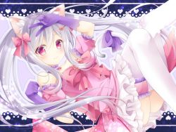 Rule 34 | 1girl, animal ears, blush, bow, cat ears, cat girl, cat tail, hair bow, indie virtual youtuber, long hair, looking at viewer, pale skin, pink eyes, ribbon, shizuki ayame, silver hair, smile, solo, suvidriel, tail, twintails, v, virtual youtuber