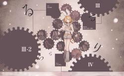 Rule 34 | bare shoulders, belt, belt buckle, blonde hair, bow, buckle, closed eyes, detached sleeves, evillious nendaiki, floating, floating object, gears, grey leg warmers, grey sailor collar, grey shorts, hair bow, hair ornament, hairclip, headphones, headset, highres, kagamine rin, large bow, leg warmers, levi (ailice04), levitation, midriff, music, neckerchief, open mouth, orange belt, outstretched hand, sailor collar, sailor shirt, shirt, short hair, shorts, singing, sleeveless, sleeveless shirt, smile, snow, snowing, swept bangs, vocaloid, white bow, white footwear, yellow neckerchief, zenmai jikake no komoriuta (vocaloid)