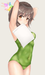 Rule 34 | 1girl, alternate color school swimsuit, armpits, arms up, breasts, brown eyes, brown hair, character request, covered navel, cowboy shot, from side, green one-piece swimsuit, grey background, head tilt, hinakurukuru, holding, idolmaster, idolmaster cinderella girls, looking at viewer, medium breasts, mouth hold, one-piece swimsuit, school swimsuit, short hair, simple background, skin tight, smile, solo, standing, swimsuit, v