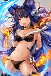 Rule 34 | 1girl, :d, \m/, animal ears, bare shoulders, bell, bikini, black bikini, blue gloves, blue hair, blush, breasts, choker, cleavage, commentary request, cowboy shot, double \m/, erune, fire, fur-trimmed bikini, fur trim, gloves, granblue fantasy, hair bell, hair ornament, hair ribbon, highres, jingle bell, long hair, looking at viewer, medium breasts, myusha, navel, open mouth, red eyes, ribbon, smile, solo, standing, stomach, swimsuit, tail, thighhighs, very long hair, yuel (granblue fantasy)