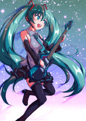 Rule 34 | 1girl, black sleeves, commentary, electric guitar, feet out of frame, green eyes, green hair, grey shirt, guitar, hair ornament, hatsune miku, headphones, headset, holding, holding instrument, instrument, kinarin, long hair, midair, music, necktie, open mouth, playing instrument, shirt, sky, sleeveless, sleeveless shirt, smile, star (sky), starry sky, thighhighs, twintails, very long hair, vest, vocaloid, wide sleeves
