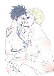 Rule 34 | 2boys, absurdres, arm tattoo, ass, ass grab, black hair, blonde hair, blush, cheese neko3, chest tattoo, completely nude, donquixote doflamingo, earrings, grabbing another&#039;s chin, hand tattoo, height difference, highres, jewelry, looking at another, male focus, multiple boys, muscular, muscular male, nail polish, nipples, nude, one piece, pectorals, short hair, size difference, sunglasses, tattoo, trafalgar law, yaoi