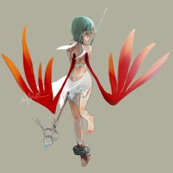 Rule 34 | 1girl, barefoot, bracelet, breath of fire, breath of fire v, dress, full-body tattoo, full body, green hair, jewelry, nina (breath of fire v), red wings, see-through, short hair, simple background, solo, tattoo, underwear, weapon, white dress, wings, yutsuki