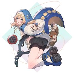 Rule 34 | 1boy, ass, bands, bike shorts, blonde hair, blue eyes, blue hoodie, blush, bridget (guilty gear), chain, commentary, cross, cuffs, dated, fingerless gloves, from side, gloves, guilty gear, guilty gear strive, habit, handcuffs, highres, hood, hoodie, long hair, long sleeves, looking at viewer, looking to the side, male focus, mars symbol, miniskirt, open mouth, oro (sumakaita), oversized object, partially fingerless gloves, pleated skirt, roger (guilty gear), sidelocks, simple background, skirt, smile, solo, trap, white background, yo-yo