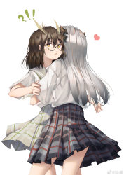 Rule 34 | !?, 2girls, alternate costume, arknights, black skirt, brown hair, chinese commentary, commentary, cowboy shot, dragon horns, feather hair, glasses, grey skirt, heart, highres, horns, hug, long hair, multiple girls, open mouth, plaid, plaid skirt, pleated skirt, saria (arknights), school uniform, shirt, silence (arknights), simple background, sin., skirt, surprised, weibo watermark, white background, white shirt, yellow eyes, aged down, yuri