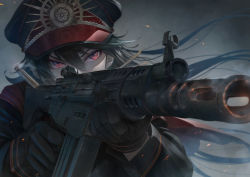 Rule 34 | 1girl, black gloves, black hair, black hat, black jacket, breasts, cape, crest, ejected casing, family crest, fate/grand order, fate (series), finger on trigger, foreshortening, gloves, gun, hat, highres, imizu (nitro unknown), jacket, koha-ace, long hair, long sleeves, looking at viewer, oda nobunaga (fate), oda uri, peaked cap, red cape, red eyes, rifle, solo, weapon
