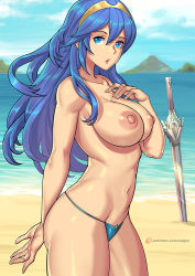 Rule 34 | 1girl, alternate breast size, beach, bikini, blue eyes, blue hair, breasts, fire emblem, large breasts, looking at viewer, lucina (fire emblem), nintendo, nipples, puffy nipples, redjet, solo, swimsuit, sword, tiara, topless, weapon