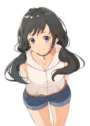 Rule 34 | 1girl, amano hina (tenki no ko), arm behind back, bare arms, black hair, blue eyes, blue shorts, choker, closed mouth, collarbone, cowboy shot, highres, hood, hooded vest, hoodie, jacket, jewelry, leaning forward, long hair, looking at viewer, low twintails, pendant, piisu, shorts, sleeveless, sleeveless jacket, smile, solo, tenki no ko, thigh gap, twintails, v-shaped eyebrows, vest, white jacket, white vest