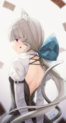 Rule 34 | 1girl, absurdres, animal ear fluff, animal ears, arms behind back, back cutout, bare back, blunt bangs, card, cat ears, cat girl, cat tail, clothing cutout, commentary, english commentary, facial tattoo, from behind, genshin impact, grey hair, hair ribbon, highres, long hair, long sleeves, looking at viewer, looking back, low ponytail, lynette (genshin impact), purple eyes, ribbon, shoulder blades, sidelocks, signature, simple background, solo, star tattoo, tail, tattoo, v arms, white background, zx961219