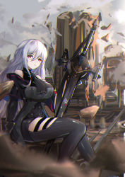 Rule 34 | 1girl, absurdres, arknights, ascot, bare shoulders, black ascot, black gloves, black pants, breasts, bupa chila, chromatic aberration, clothing cutout, gloves, hair between eyes, highres, large breasts, leggings, long hair, looking at viewer, no headwear, outdoors, pants, red eyes, silver hair, sitting, skadi (arknights), skadi (elite ii) (arknights), solo, sword, thigh cutout, thighs, weapon