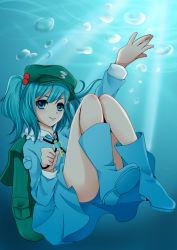 Rule 34 | 1girl, ass, backpack, bag, blue eyes, blue hair, boots, bubble, dress, hair bobbles, hair ornament, hands up, hat, kawashiro nitori, key, legs, light rays, long sleeves, looking at viewer, matching hair/eyes, no panties, pocket, rubber boots, shirt, short hair, skirt, skirt set, smile, solo, sunbeam, sunlight, teemi, touhou, twintails, two side up, underwater, wet, wet clothes