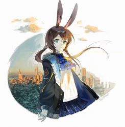 Rule 34 | 1girl, absurdres, amiya (arknights), animal ears, arknights, ascot, black jacket, blue ascot, blue eyes, blue skirt, brown hair, building, cityscape, cloud, commentary, english commentary, green eyes, heterochromia, highres, hood, hood down, jacket, jewelry, long hair, looking at viewer, miniskirt, parted lips, plaid, plaid skirt, ponytail, rabbit ears, ring, shirt, signature, skirt, skyscraper, solo, soyoong jun, standing, unbuttoned, upper body, white shirt