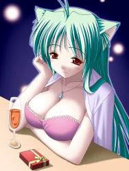 Rule 34 | 1girl, alcohol, animal ears, aqua hair, arm support, blush, breasts, cat ears, cat girl, cleavage, cup, drink, drinking glass, face rest, female focus, gift, glass, green hair, jewelry, keito, large breasts, long hair, necklace, original, red eyes, smile, solo, strapless, wine glass