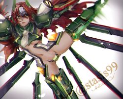 Rule 34 | 1girl, akilico, alternate color, blazblue, forehead protector, gloves, long hair, mecha musume, mu-12, navel, red hair, solo, thighhighs, yellow eyes