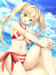 Rule 34 | 1girl, :d, aikawa tatsuki, bare arms, bare shoulders, beach, bikini, blonde hair, blue sky, blush, breasts, cloud, collarbone, commentary request, criss-cross halter, day, fate/grand order, fate (series), fingernails, green eyes, groin, hair between eyes, hair intakes, halterneck, head tilt, highres, horizon, interlocked fingers, large breasts, long hair, navel, nero claudius (fate), nero claudius (fate) (all), nero claudius (swimsuit caster) (fate), ocean, open mouth, outdoors, sand, side-tie bikini bottom, sidelocks, sitting, sky, smile, solo, striped bikini, striped clothes, swimsuit, teeth, twintails, upper teeth only, very long hair, wateryuu