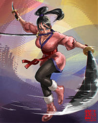 Rule 34 | 1girl, alternate universe, attack, black hair, blue eyes, breasts, fighting stance, high heels, highres, japanese clothes, katana, kimono, large breasts, long hair, looking at viewer, nico robin, one piece, solo, sword, weapon