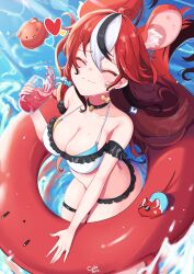 Rule 34 | 1girl, absurdres, animal ears, artist name, bikini, black choker, bow, bow earrings, breasts, cafelittle, choker, cleavage, closed eyes, cup, drinking glass, earrings, frilled bikini, frills, from above, hakos baelz, heart, highres, hololive, hololive english, jewelry, large breasts, long hair, mouse ears, mr. squeaks (hakos baelz), multicolored hair, red hair, red innertube, smile, streaked hair, swimsuit, virtual youtuber, water, white bikini