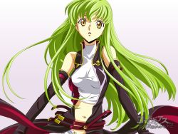 Rule 34 | 1girl, c.c., code geass, detached sleeves, extraction, green hair, highres, long hair, midriff, navel, solo, wallpaper, yellow eyes