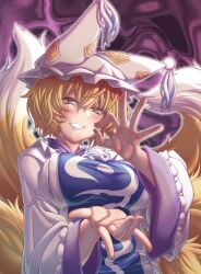 Rule 34 | 1girl, absurdres, animal hat, blonde hair, breasts, commission, dress, fellatio gesture, fox tail, hat, highres, kitsune, large breasts, long sleeves, looking at viewer, m/, mob cap, multiple tails, parted lips, purple background, short hair, skeb commission, smile, solo, tabard, tail, touhou, upper body, white dress, white hat, yakumo ran, yellow eyes, zawa (zawzawranran2)