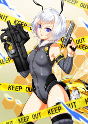 Rule 34 | 1girl, antennae, armlet, armpits, arthropod girl, asymmetrical dual wielding, bare shoulders, bee girl, blue eyes, bodysuit, bracelet, breasts, bullpup, caution tape, covered erect nipples, cowboy shot, desert eagle, detached sleeves, dual wielding, elbow gloves, english text, finger on trigger, from side, fur trim, glint, gloves, gradient background, grey gloves, grey thighhighs, groin, gun, halterneck, handgun, hands up, hexagon, highres, holding, holding gun, holding weapon, hunluan zhongli, insect girl, insect wings, jewelry, legs apart, leotard, liu li, looking at viewer, mecha musume, p90, parted lips, personal defense weapon, pistol, ribbed legwear, school shock, serious, shiny clothes, short hair, single elbow glove, single glove, skin tight, small breasts, solo, standing, submachine gun, thigh strap, thighhighs, transparent, weapon, white hair, wings, zipper