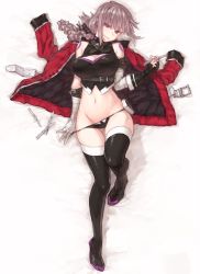 Rule 34 | 1girl, bandaged arm, bandages, black gloves, black panties, black thighhighs, boots, braid, breasts, cleavage, cleavage cutout, clothing cutout, coat, commentary request, cosplay, fate/grand order, fate (series), florence nightingale (fate), full body, gloves, grey hair, jack the ripper (fate/apocrypha), jack the ripper (fate/apocrypha) (cosplay), large breasts, long hair, looking at viewer, lying, navel, on back, panties, red coat, red eyes, scalpel, shoe-ji, single braid, smile, solo, thigh boots, thighhighs, underwear