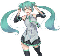 Rule 34 | 1girl, absurdres, aqua hair, bad id, bad pixiv id, black thighhighs, closed eyes, detached sleeves, hatsune miku, highres, holding, holding own hair, long hair, necktie, open mouth, rolua, simple background, skirt, sleeveless, solo, thighhighs, twintails, very long hair, vocaloid