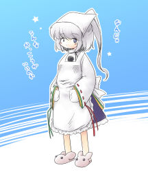 Rule 34 | 1girl, animal slippers, apron, blue eyes, blush stickers, bunny slippers, female focus, futatsuki hisame, grey hair, hands in pockets, head scarf, highres, japanese clothes, kappougi, mononobe no futo, ponytail, simple background, slippers, solo, tenugui, touhou, translation request