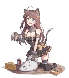 Rule 34 | 1girl, ahoge, animal ears, animal hands, bare shoulders, bell, blue eyes, blush, boots, bow, breasts, brown hair, cat, cat ears, cat paws, cat tail, chami (pixiv15867443), cheese, cleavage, commentary, costume, dress, dress bow, english commentary, fake animal ears, food, full body, fur collar, highres, jar, jingle bell, knee boots, kneeling, long hair, looking at viewer, medium breasts, mousetrap, open mouth, original, short dress, simple background, sleeveless, sleeveless dress, smile, solo, stuffed animal, stuffed mouse, stuffed toy, tail, thighhighs, white background, wooden floor, zettai ryouiki
