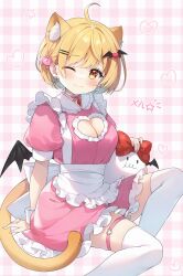 Rule 34 | 1girl, ;), ahoge, alternate costume, animal ear fluff, animal ears, apron, ayamy, bat hair ornament, bat wings, black wings, blonde hair, breasts, cat ears, cat girl, cat tail, cleavage, cleavage cutout, clothing cutout, enmaided, hair ornament, highres, hololive, kemonomimi mode, looking at viewer, maid, maid apron, medium breasts, one eye closed, puffy short sleeves, puffy sleeves, short hair, short sleeves, sitting, smile, solo, tail, thigh strap, thighhighs, virtual youtuber, white thighhighs, wings, wrist cuffs, yellow eyes, yozora mel