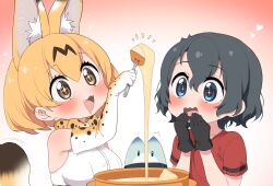 Rule 34 | + +, 2girls, :3, animal ears, bare shoulders, black gloves, black hair, blonde hair, blue eyes, blush, bow, bowtie, cat ears, cat girl, cat tail, covering own mouth, elbow gloves, extra ears, fang, fondue au fromage, food, gloves, hair between eyes, highres, kaban (kemono friends), kemono friends, lucky beast (kemono friends), multicolored clothes, multicolored hair, multiple girls, no headwear, open mouth, print bow, print bowtie, print gloves, ransusan, red shirt, serval (kemono friends), serval print, shirt, short hair, short sleeves, sidelocks, sleeveless, t-shirt, tail, white gloves, white shirt, yellow eyes, yellow gloves